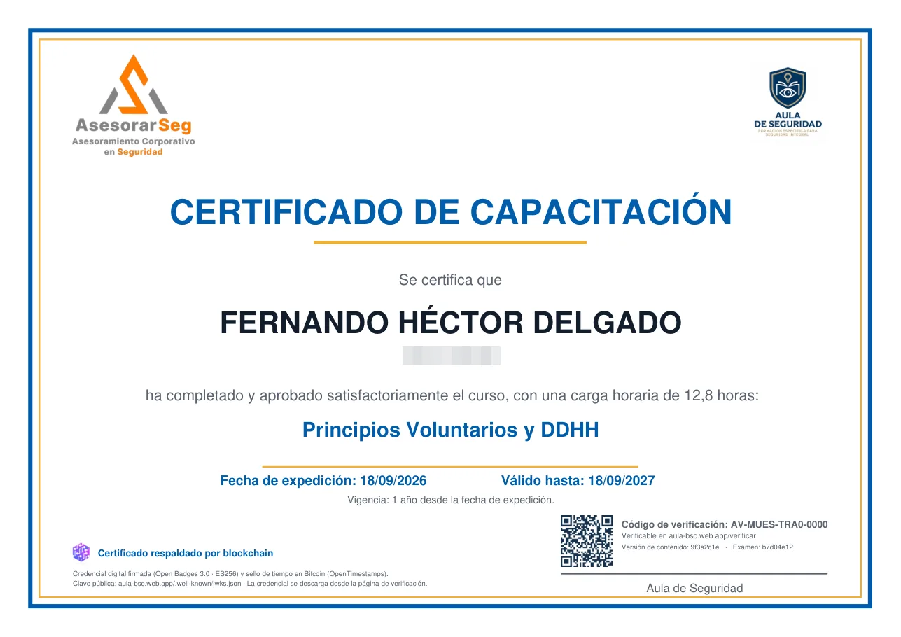 Certificado de capacitacion con credencial firmada y codigo de verificacion