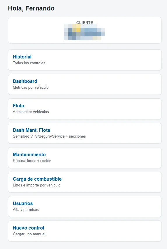 Menu de gerencia en el telefono: historial, flota, mantenimiento, combustible, usuarios