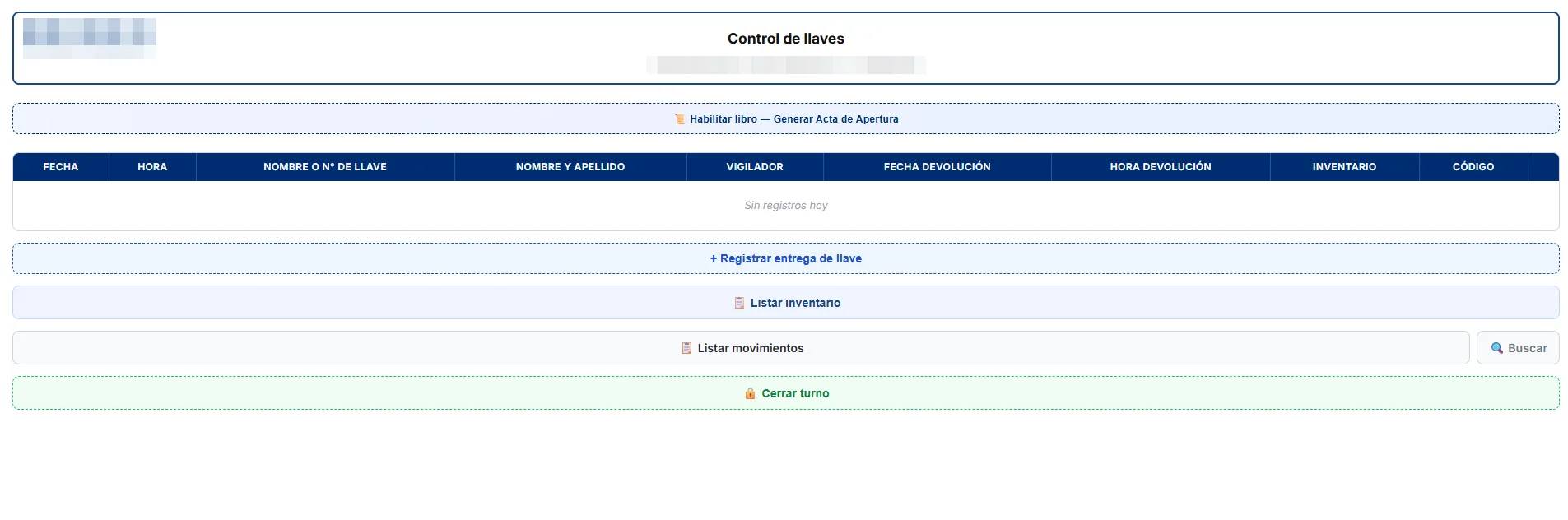 Planilla de control de llaves con acta de apertura y cierre de turno