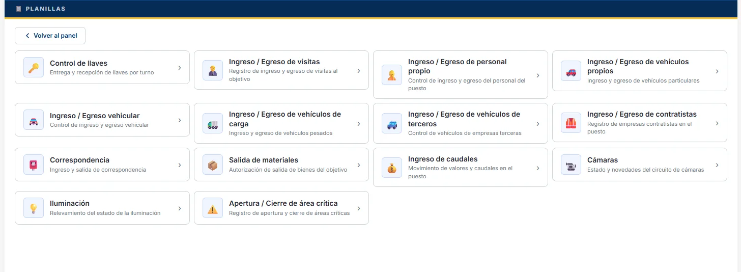 Planillas operativas del puesto: llaves, visitas, vehiculos, correspondencia, caudales