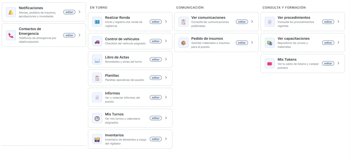 Panel del vigilador: rondas, control de vehiculos, libro de actas, planillas